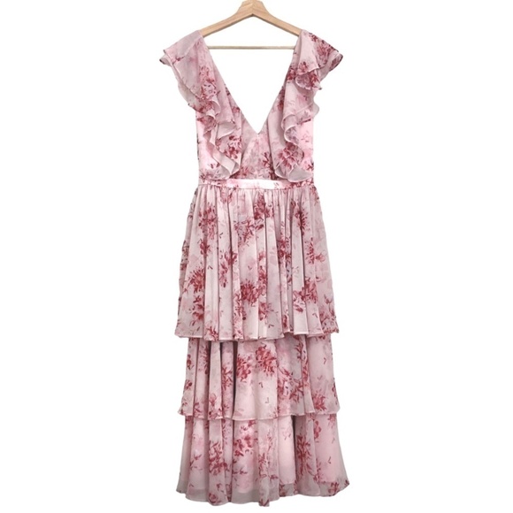 FAME AND PARTNERS Delaney Pink Floral Ruffled Tiered Chiffon Midi Dress - Picture 7 of 12
